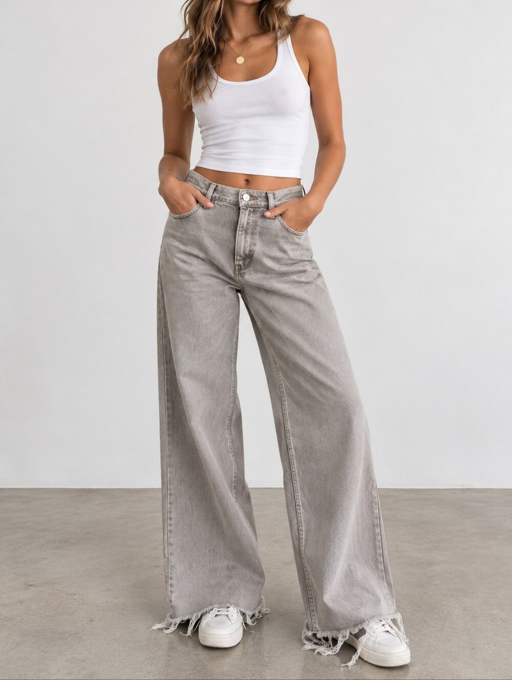 Zara Light Gray High Rise Wide Leg Jeans